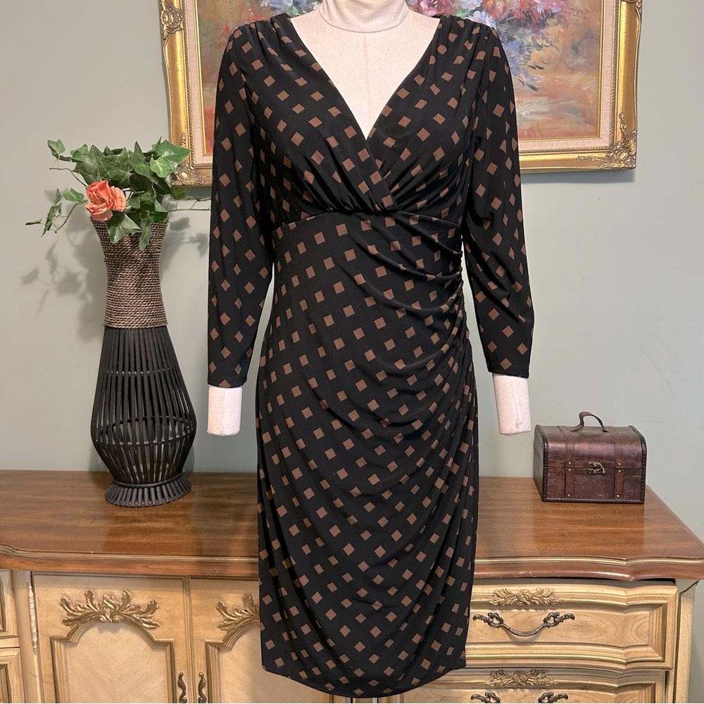 Ralph Lauren Black & Brown Diamond Geometric Print Ruched Faux Wrap Dress